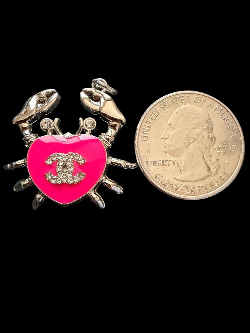 CHANEL Pink Enamel CC Crab Pendant – Rhinestone Charm Rare Novelty Designer - Picture 2 of 3